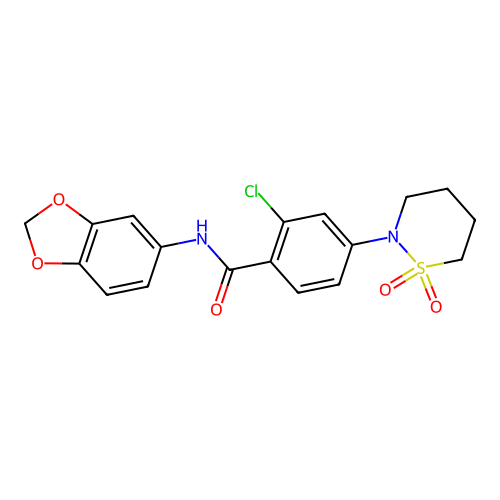 N-(1,3-benzodioxol-5-yl)-2-chloro-4-(1,1-dioxido-1,2-thiazinan-2-yl)benzamide structure