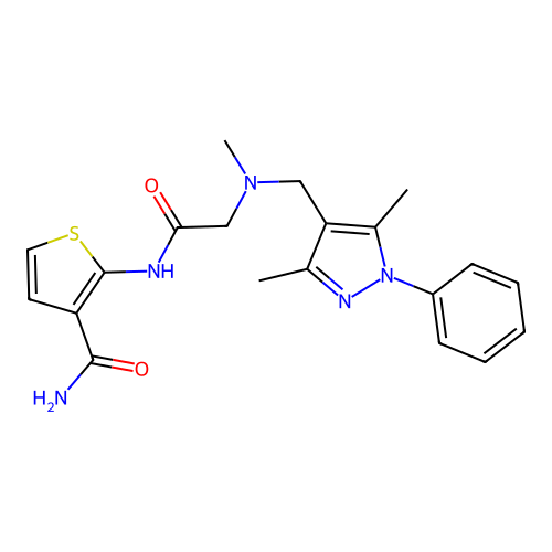 2-(2-(((3,5-Dimethyl-1-phenyl-1H-pyrazol-4-yl)methyl)(methyl)amino)acetamido)thiophene-3-carboxamide structure