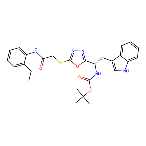 (S)-tert-butyl (1-(5-((2-((2-ethylphenyl)amino)-2-oxoethyl)thio)-1,3,4-oxadiazol-2-yl)-2-(1H-indol-3-yl)ethyl)carbamate structure