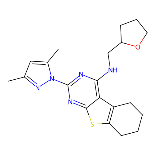 2-(3,5-dimethyl-1H-pyrazol-1-yl)-N-((tetrahydrofuran-2-yl)methyl)-5,6,7,8-tetrahydrobenzo[4,5]thieno[2,3-d]pyrimidin-4-amine structure