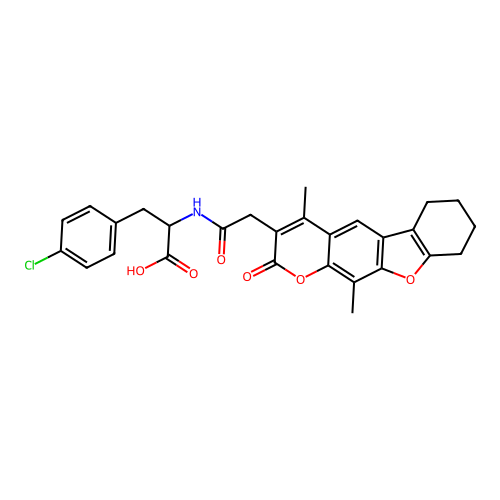 3-(4-chlorophenyl)-2-(2-(4,11-dimethyl-2-oxo-6,7,8,9-tetrahydro-2H-benzofuro[3,2-g]chromen-3-yl)acetamido)propanoic acid structure