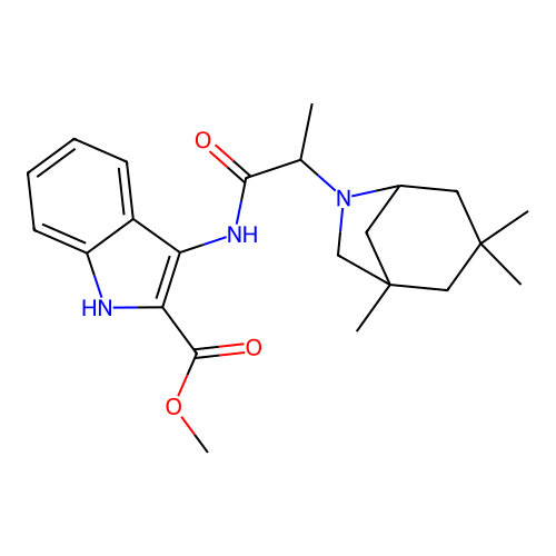 methyl 3-(2-((1R,5S)-1,3,3-trimethyl-6-azabicyclo[3.2.1]octan-6-yl)propanamido)-1H-indole-2-carboxylate structure