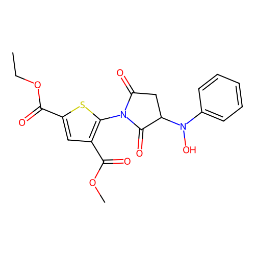 2-ethyl 4-methyl 5-(3-(hydroxy(phenyl)amino)-2,5-dioxopyrrolidin-1-yl)thiophene-2,4-dicarboxylate structure