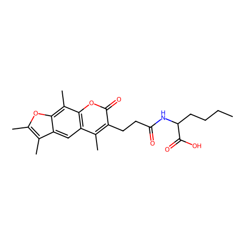 2-(3-(2,3,5,9-tetramethyl-7-oxo-7H-furo[3,2-g]chromen-6-yl)propanamido)hexanoic acid structure