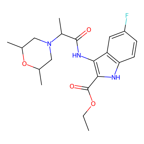 Ethyl 3-[2-(2,6-dimethylmorpholin-4-yl)propanoylamino]-5-fluoro-1H-indole-2-carboxylate structure