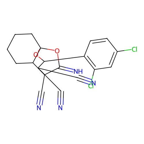 2-(2,4-dichlorophenyl)-10-iminohexahydro-8a,4-(epoxymethano)chromene-3,3,4(2H)-tricarbonitrile structure