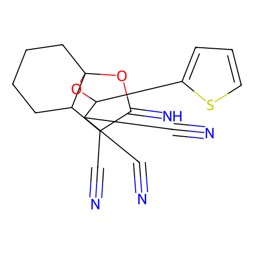 10-imino-2-(thiophen-2-yl)hexahydro-8a,4-(epoxymethano)chromene-3,3,4(2H)-tricarbonitrile structure