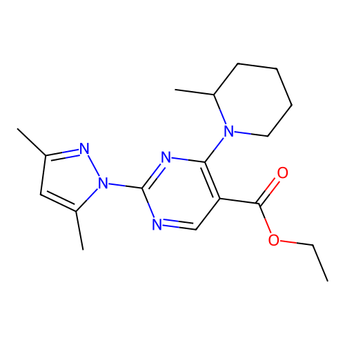 ethyl 2-(3,5-dimethyl-1H-pyrazol-1-yl)-4-(2-methylpiperidin-1-yl)pyrimidine-5-carboxylate structure