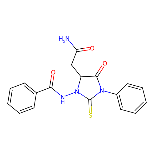N-[5-(2-amino-2-oxoethyl)-4-oxo-3-phenyl-2-thioxoimidazolidin-1-yl]benzamide structure
