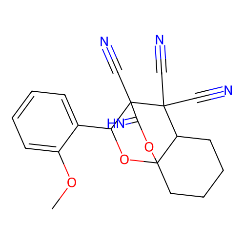 2-imino-10-(2-methoxyphenyl)hexahydro-8a,3-(epoxymethano)chromene-3,4,4(4aH)-tricarbonitrile structure