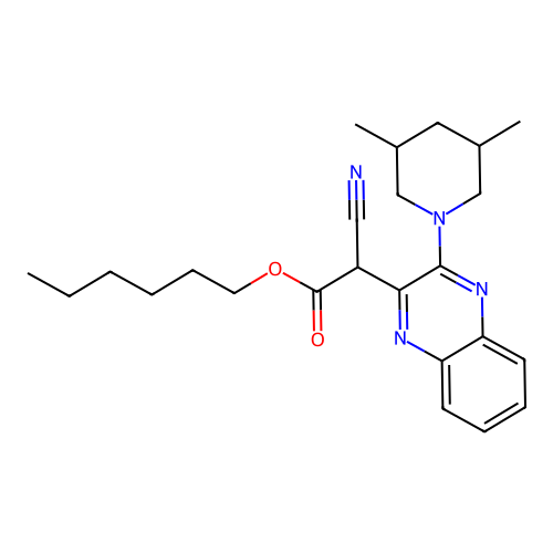 Hexyl cyano[3-(3,5-dimethylpiperidin-1-yl)quinoxalin-2-yl]acetate structure