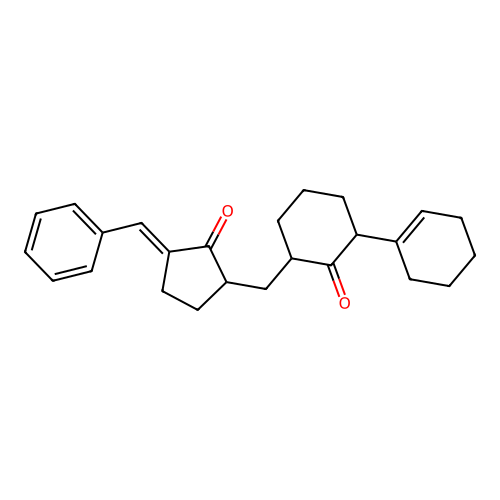2-[[(3E)-3-benzylidene-2-oxocyclopentyl]methyl]-6-(cyclohexen-1-yl)cyclohexan-1-one structure