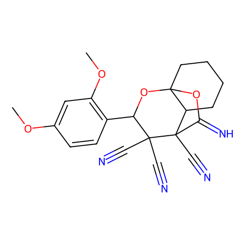 2-(2,4-dimethoxyphenyl)-10-iminohexahydro-8a,4-(epoxymethano)chromene-3,3,4(2H)-tricarbonitrile structure