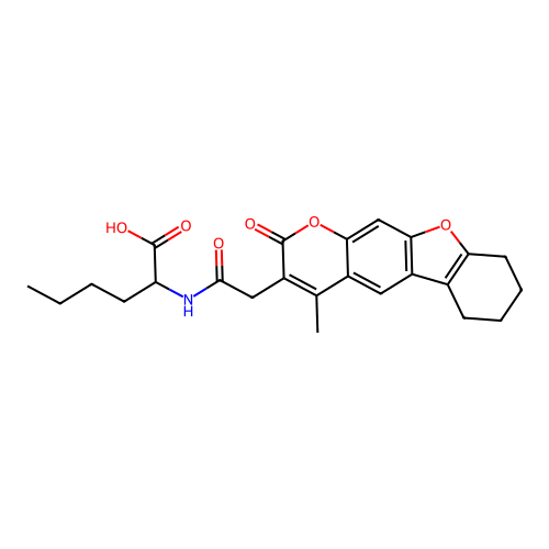 2-(2-(4-methyl-2-oxo-6,7,8,9-tetrahydro-2H-benzofuro[3,2-g]chromen-3-yl)acetamido)hexanoic acid structure