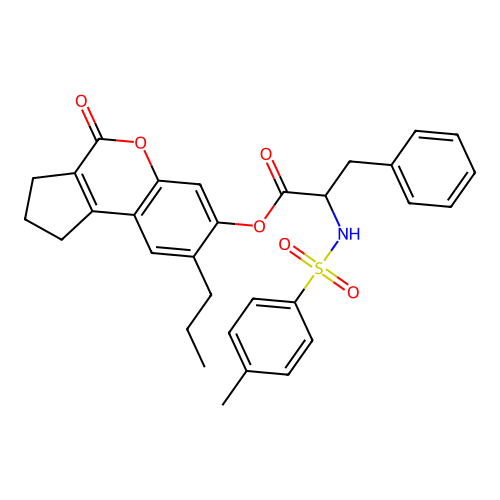 4-oxo-8-propyl-1,2,3,4-tetrahydrocyclopenta[c]chromen-7-yl 2-(4-methylphenylsulfonamido)-3-phenylpropanoate structure
