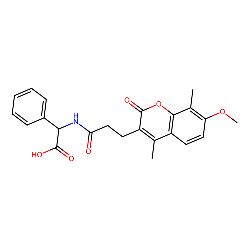 2-(3-(7-methoxy-4,8-dimethyl-2-oxo-2H-chromen-3-yl)propanamido)-2-phenylacetic acid structure