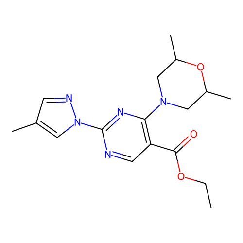 ethyl 4-(2,6-dimethylmorpholin-4-yl)-2-(4-methyl-1H-pyrazol-1-yl)pyrimidine-5-carboxylate structure
