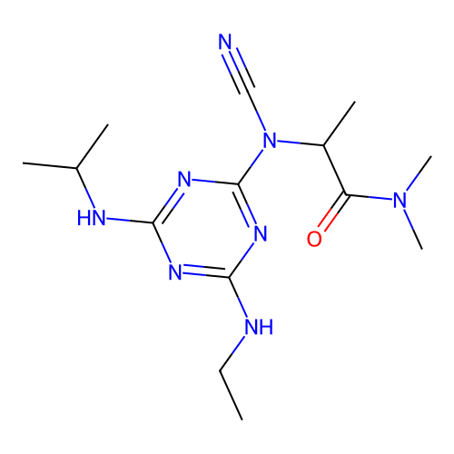 2-(N-(4-(ethylamino)-6-(isopropylamino)-1,3,5-triazin-2-yl)cyanamido)-N,N-dimethylpropanamide structure