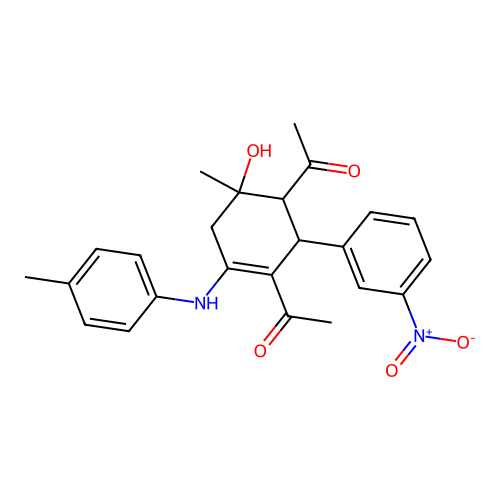 1,1'-(3-hydroxy-3-methyl-3'-nitro-5-(p-tolylamino)-1,2,3,4-tetrahydro-[1,1'-biphenyl]-2,6-diyl)diethanone structure