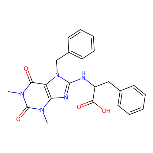 2-[(7-benzyl-1,3-dimethyl-2,6-dioxopurin-8-yl)amino]-3-phenylpropanoic acid structure