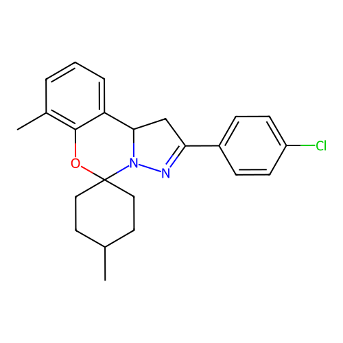 2'-(4-chlorophenyl)-4,7'-dimethyl-1',10b'-dihydrospiro[cyclohexane-1,5'-pyrazolo[1,5-c][1,3]benzoxazine] structure