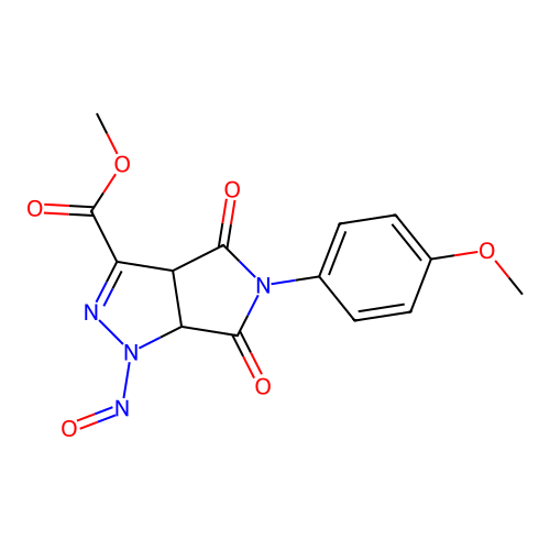 methyl 5-(4-methoxyphenyl)-1-nitroso-4,6-dioxo-1,3a,4,5,6,6a-hexahydropyrrolo[3,4-c]pyrazole-3-carboxylate structure