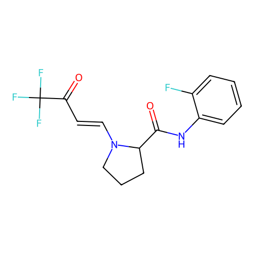 (E)-N-(2-fluorophenyl)-1-(4,4,4-trifluoro-3-oxobut-1-en-1-yl)pyrrolidine-2-carboxamide structure