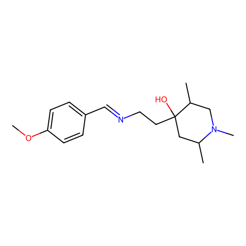 (E)-4-(2-((4-methoxybenzylidene)amino)ethyl)-1,2,5-trimethylpiperidin-4-ol structure