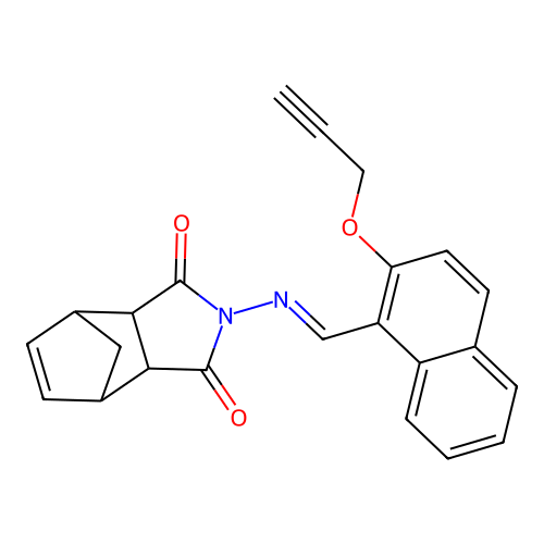 (E)-2-(((2-(prop-2-yn-1-yloxy)naphthalen-1-yl)methylene)amino)-3a,4,7,7a-tetrahydro-1H-4,7-methanoisoindole-1,3(2H)-dione structure