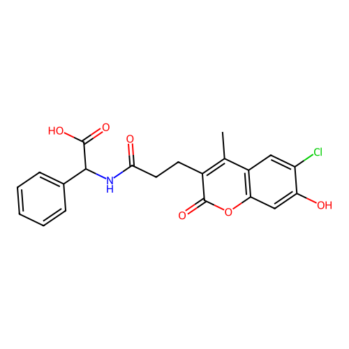 2-(3-(6-chloro-7-hydroxy-4-methyl-2-oxo-2H-chromen-3-yl)propanamido)-2-phenylacetic acid structure
