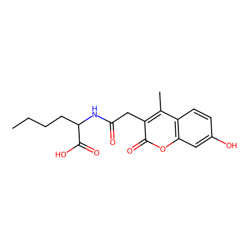 2-(2-(7-hydroxy-4-methyl-2-oxo-2H-chromen-3-yl)acetamido)hexanoic acid structure