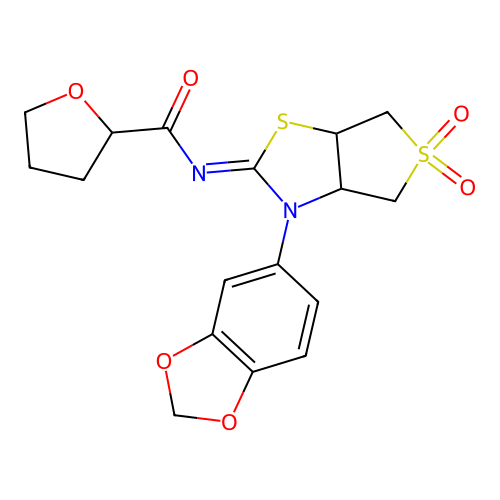 (Z)-N-(3-(benzo[d][1,3]dioxol-5-yl)-5,5-dioxidotetrahydrothieno[3,4-d]thiazol-2(3H)-ylidene)tetrahydrofuran-2-carboxamide structure