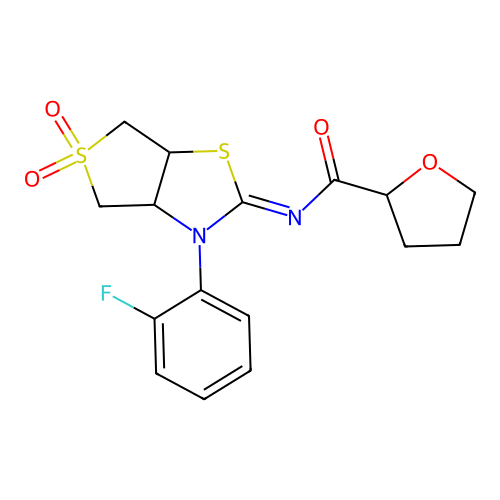 (Z)-N-(3-(2-fluorophenyl)-5,5-dioxidotetrahydrothieno[3,4-d]thiazol-2(3H)-ylidene)tetrahydrofuran-2-carboxamide structure