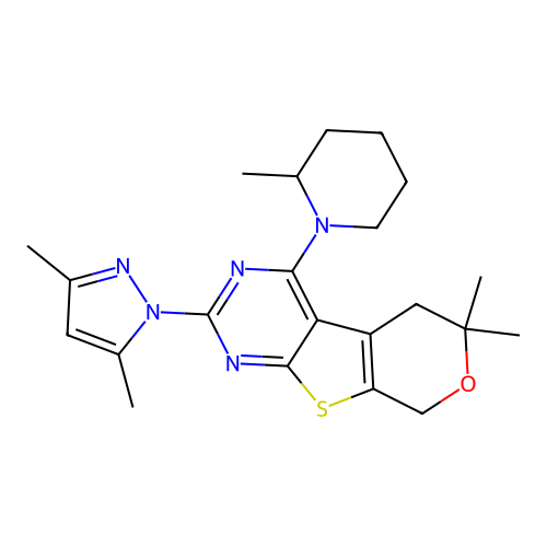 2-(3,5-dimethyl-1H-pyrazol-1-yl)-6,6-dimethyl-4-(2-methylpiperidin-1-yl)-5,8-dihydro-6H-pyrano[4',3':4,5]thieno[2,3-d]pyrimidine structure