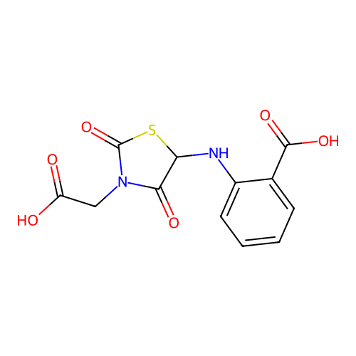 2-{[3-(Carboxymethyl)-2,4-dioxo-1,3-thiazolidin-5-yl]amino}benzoic acid structure