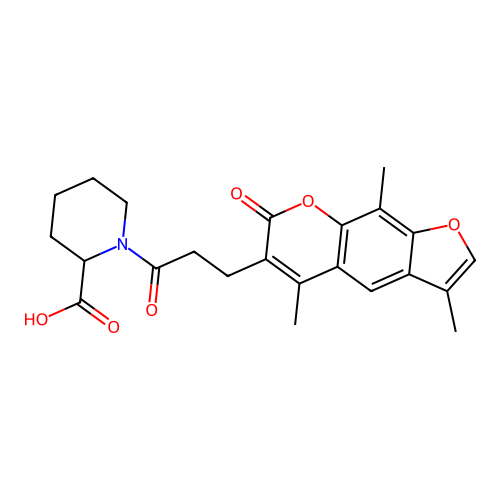 1-(3-(3,5,9-trimethyl-7-oxo-7H-furo[3,2-g]chromen-6-yl)propanoyl)piperidine-2-carboxylic acid structure