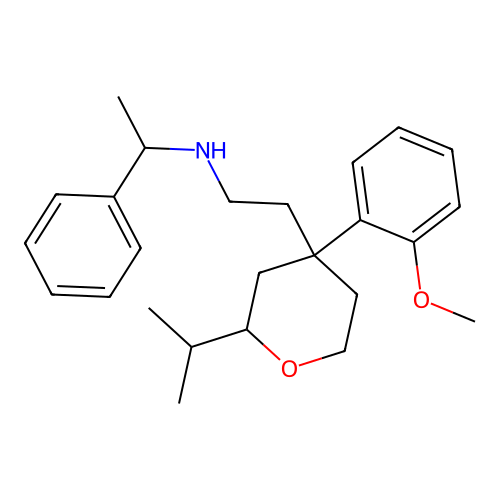 2-(2-isopropyl-4-(2-methoxyphenyl)tetrahydro-2H-pyran-4-yl)-N-(1-phenylethyl)ethanamine structure