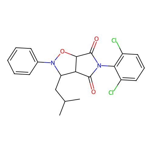 5-(2,6-dichlorophenyl)-3-(2-methylpropyl)-2-phenyl-3a,6a-dihydro-3H-pyrrolo[3,4-d][1,2]oxazole-4,6-dione structure