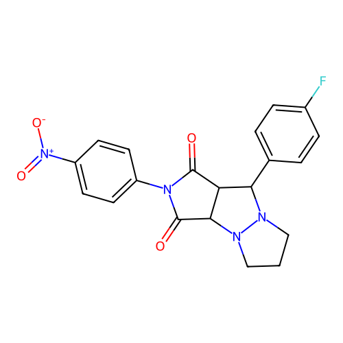 9-(4-fluorophenyl)-2-(4-nitrophenyl)tetrahydro-5H-pyrazolo[1,2-a]pyrrolo[3,4-c]pyrazole-1,3(2H,3aH)-dione structure