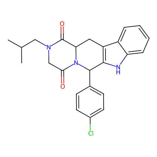 6-(4-chlorophenyl)-2-(2-methylpropyl)-2,3,6,7,12,12a-hexahydropyrazino[1',2':1,6]pyrido[3,4-b]indole-1,4-dione structure
