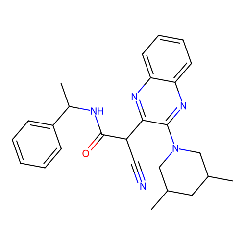 2-cyano-2-[3-(3,5-dimethylpiperidin-1-yl)quinoxalin-2-yl]-N-(1-phenylethyl)acetamide structure
