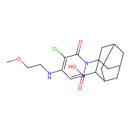 1-{5-chloro-4-[(2-methoxyethyl)amino]-6-oxopyridazin-1(6H)-yl}tricyclo[3.3.1.1~3,7~]decane-2-carboxylic acid structure
