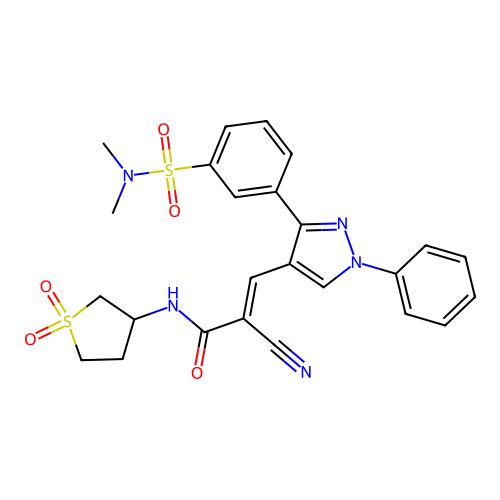 (2E)-2-cyano-3-{3-[3-(dimethylsulfamoyl)phenyl]-1-phenyl-1H-pyrazol-4-yl}-N-(1,1-dioxidotetrahydrothiophen-3-yl)prop-2-enamide structure