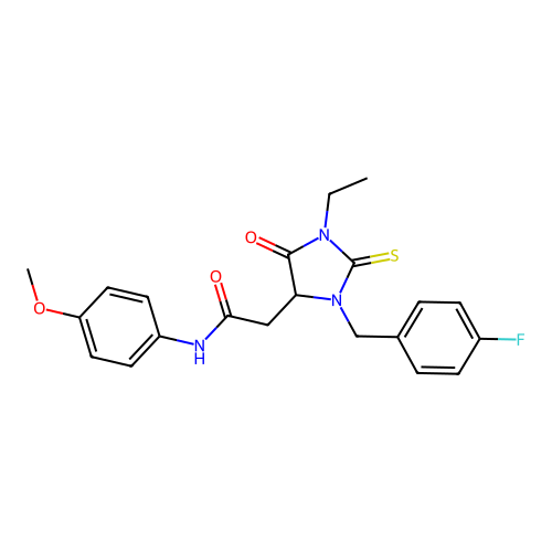 2-[1-ethyl-3-(4-fluorobenzyl)-5-oxo-2-thioxoimidazolidin-4-yl]-N-(4-methoxyphenyl)acetamide structure