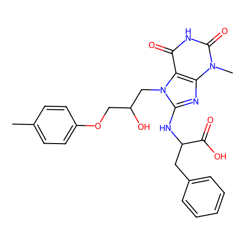 2-((7-(2-hydroxy-3-(p-tolyloxy)propyl)-3-methyl-2,6-dioxo-2,3,6,7-tetrahydro-1H-purin-8-yl)amino)-3-phenylpropanoic acid structure