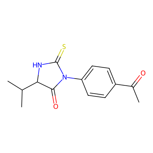3-(4-acetylphenyl)-5-(propan-2-yl)-2-sulfanyl-3,5-dihydro-4H-imidazol-4-one structure
