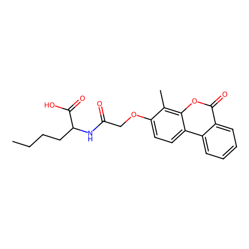 2-(2-((4-methyl-6-oxo-6H-benzo[c]chromen-3-yl)oxy)acetamido)hexanoic acid structure