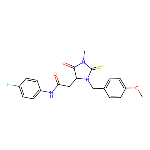 N-(4-fluorophenyl)-2-[3-(4-methoxybenzyl)-1-methyl-5-oxo-2-thioxoimidazolidin-4-yl]acetamide structure