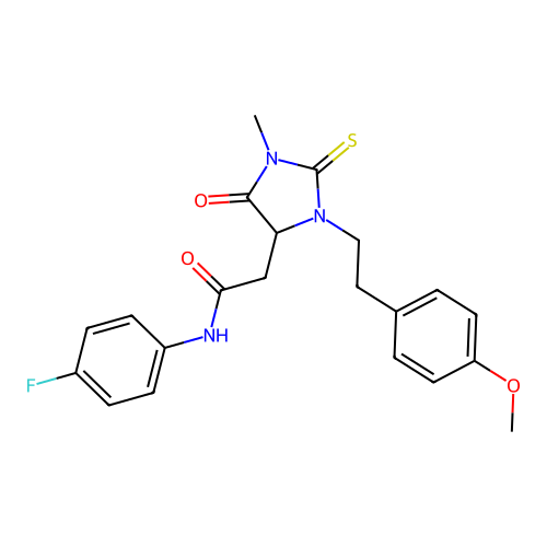 N-(4-Fluoro-phenyl)-2-{3-[2-(4-methoxy-phenyl)-ethyl]-1-methyl-5-oxo-2-thioxo-imidazolidin-4-yl}-acetam ide structure