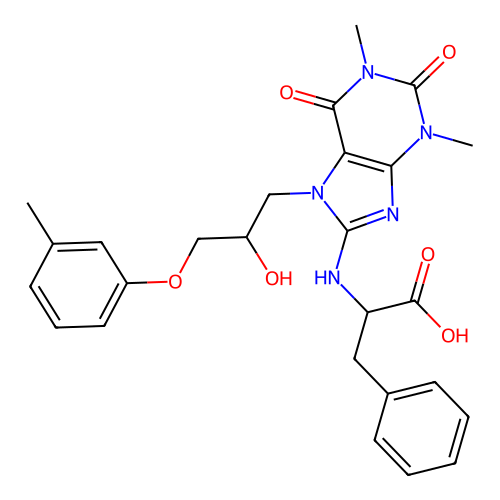 2-((7-(2-hydroxy-3-(m-tolyloxy)propyl)-1,3-dimethyl-2,6-dioxo-2,3,6,7-tetrahydro-1H-purin-8-yl)amino)-3-phenylpropanoic acid structure